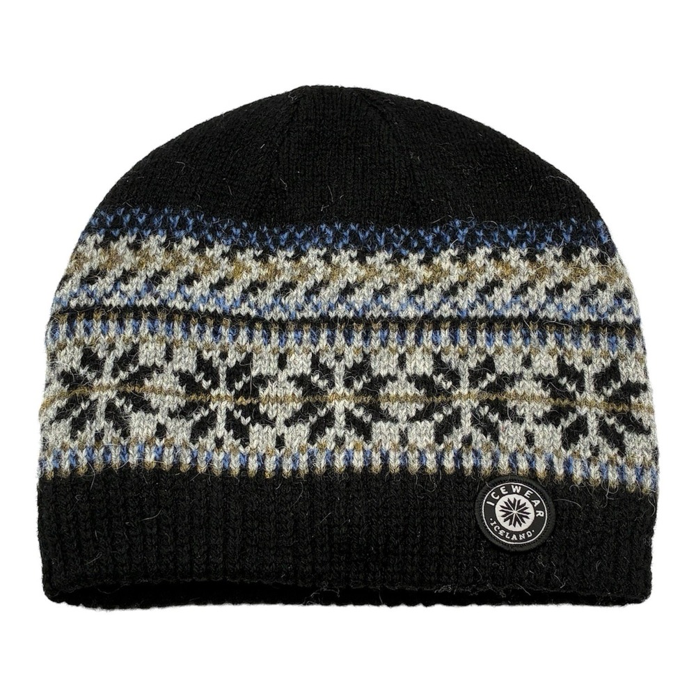 Icewear Iceland Norwegian Wool Beanie Thinsulate Lined Black Gray Fair Isle Hat